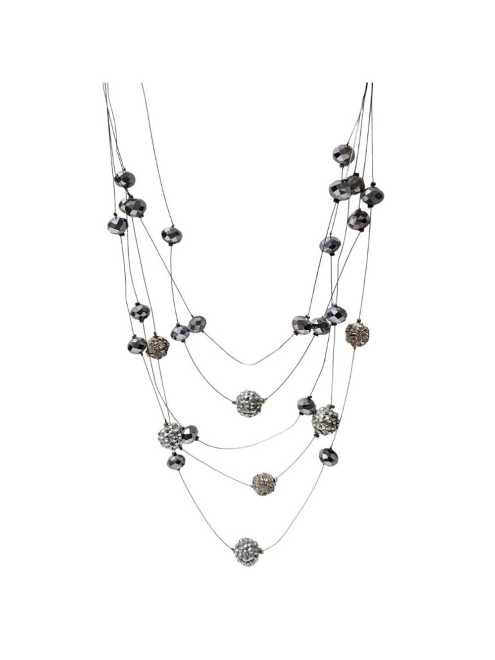 Vintage Gray Illusion Necklace Rhinestone Pavé Beads Y2K Glam Cocktail Jewelry